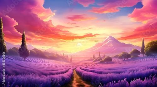 Amazing sunset over lavender fields. Purple flowers and green hills. Relaxing landscape with a beautiful sky. photo