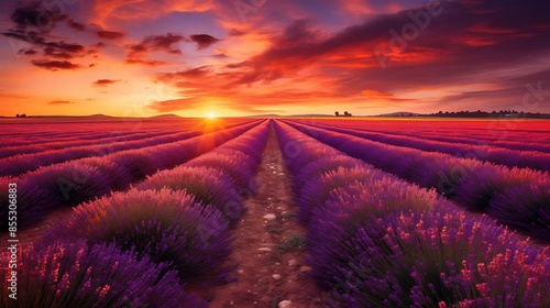 Amazing landscape with lavender field at sunset. Purple flowers and green stems. photo