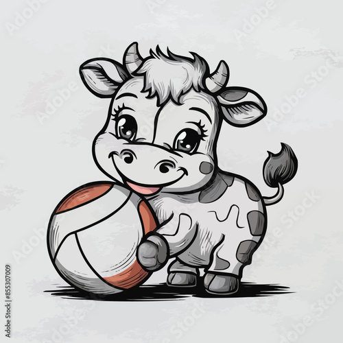 cartoon cute baby cow playing on a ball on white background