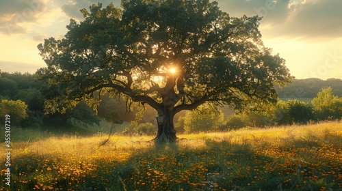 A large tree is in a field of yellow flowers photo