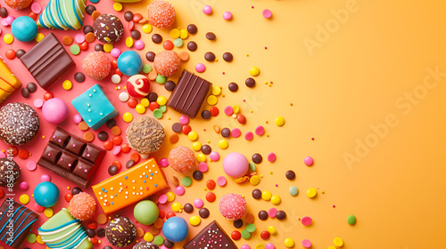 caramelos y chocolates postres coloridos con un fondo liso para texto o con espacio para copiar  photo