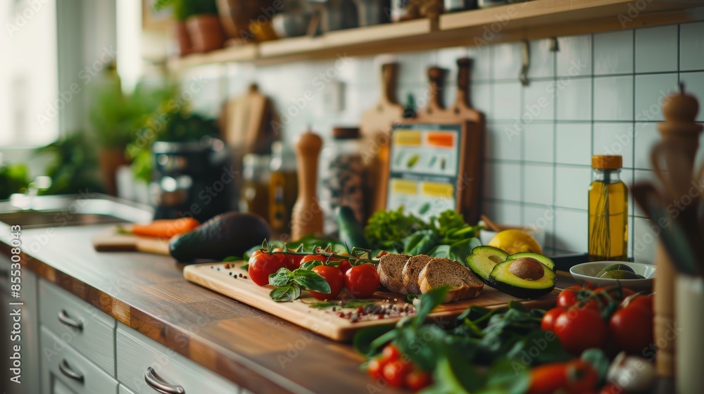 Healthy Meal Planning Board with Weekly Menu Surrounded by Fresh Ingredients on Kitchen Counter Healthy Meal Planning Board with Weekly Menu Surrounded by Fresh Ingredients on Kitchen Counter