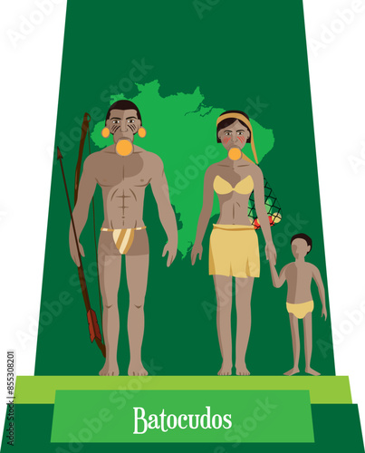 Illustration vector isolated of Brazilian native people, Botocudos , Batocudos, typical costume. photo