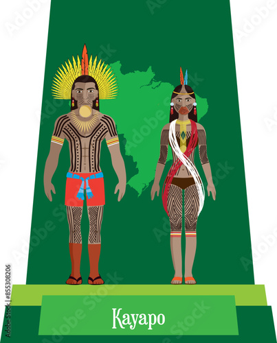 Illustration vector isolated of Brazilian native people, Kayapo, typical costume.