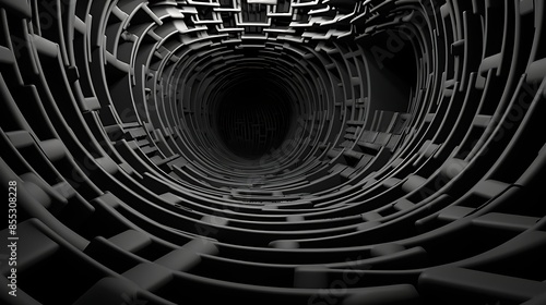 3D rendering of a dark tunnel. The walls of the tunnel are covered in a maze-like pattern.