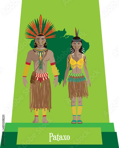 Illustration vector isolated of Brazilian native people, Pataxo, typical costume.