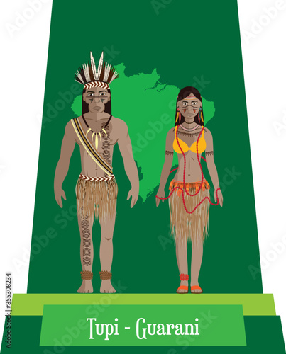Illustration vector isolated of Brazilian native people, Guarani, Tupi, typical costume.