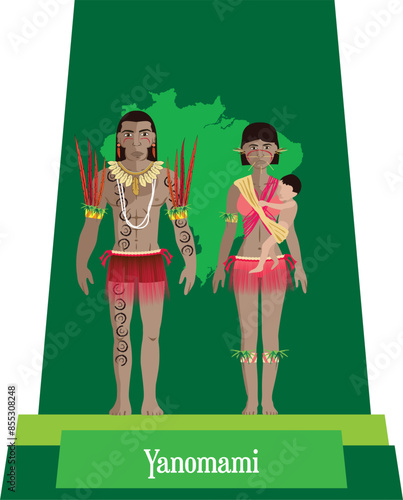 Illustration vector isolated of Brazilian native people, Yanomami, typical costume.