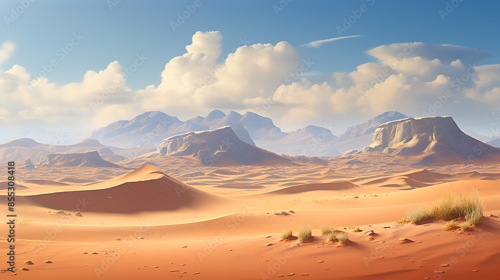 Naklejka premium This is a beautiful landscape of a desert with large sand dunes and mountains in the background.