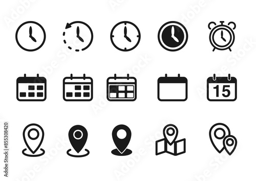 Time, location, date,  icons set vector in flat style. Clock, address, calendar, and telephone sign symbol,alarm,