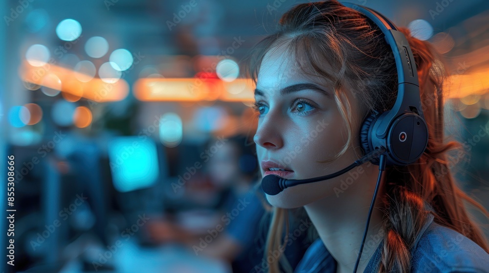 Focused Gamer with Headset in Blue Lit Room Focused Gamer with Headset in Blue Lit Room