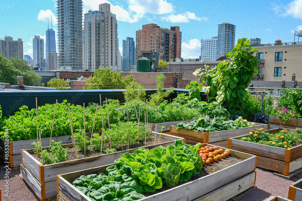 A photo captures an urban rooftop garden with raised beds cultivating vegetables amidst a city skyline A photo captures an urban rooftop garden with raised beds cultivating vegetables amidst a city skyline