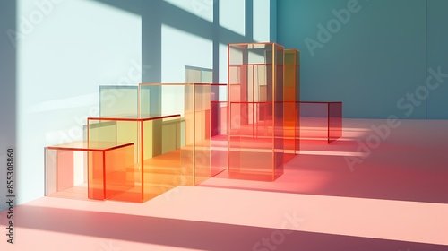 3D rendering of a room with a pink floor and blue walls. There are several glass boxes on the floor, all of different sizes.