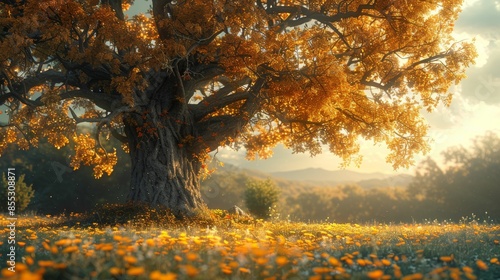 A large tree with yellow leaves is in a field of flowers photo