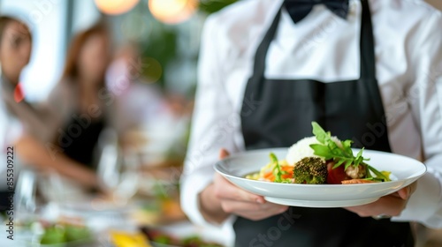Wallpaper Mural A waiter in a black apron and bow tie holds a plate of food, showcasing a well-plated meal with fresh vegetables and greens. Torontodigital.ca