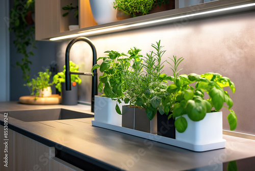 Modern kitchen with herb planter, elegant fixtures, fresh environment for cooking and dining photo