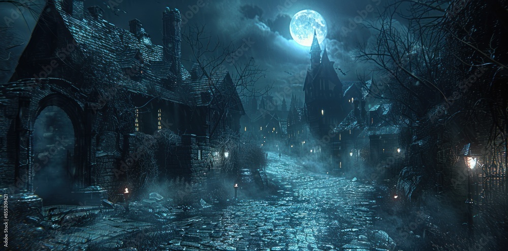 Obraz premium A Mystical Nighttime Street in a Gothic Town