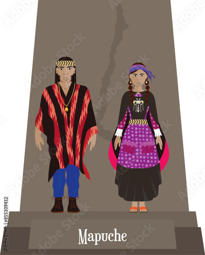 Illustration vector isolated of Chilean native people, Mapuche, typical costume  photo