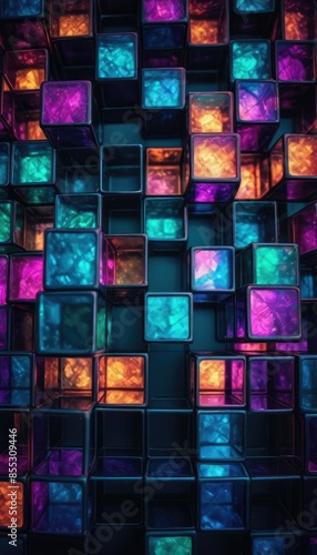 A vibrant mosaic of glowing orange and blue squares, creating a dynamic digital pattern photo