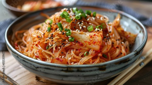 Korean Spicy Stir Fried Glass Noodles with Kimchi