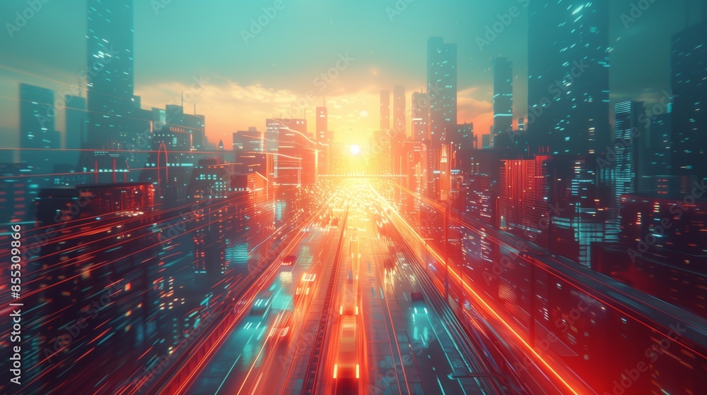 A vibrant digital painting of a futuristic cityscape with glowing neon lights and a highway leading towards a setting sun. A vibrant digital painting of a futuristic cityscape with glowing neon lights and a highway leading towards a setting sun.