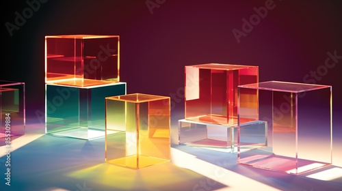 3D rendering of a set of transparent glass cubes of different sizes on a dark blue background.