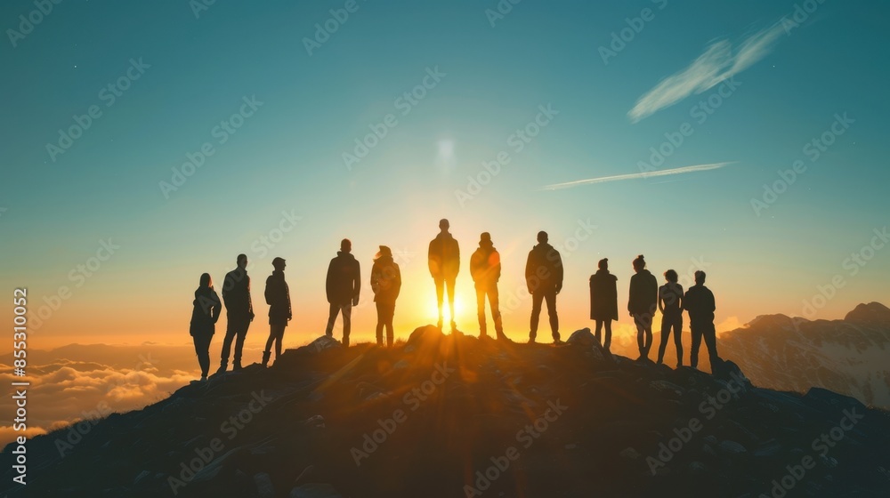 A group of hikers stand in silhouette on a mountaintop, bathed in the golden light of the setting sun. A group of hikers stand in silhouette on a mountaintop, bathed in the golden light of the setting sun.