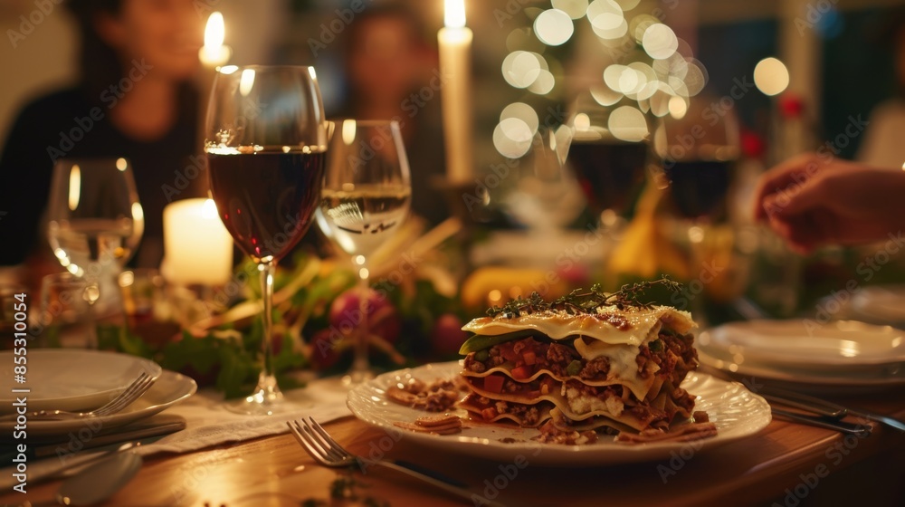 Fototapeta premium Gluten-Free Vegetable Lasagna with Cheese Served at Family Dinner in Warmly Lit Dining Room