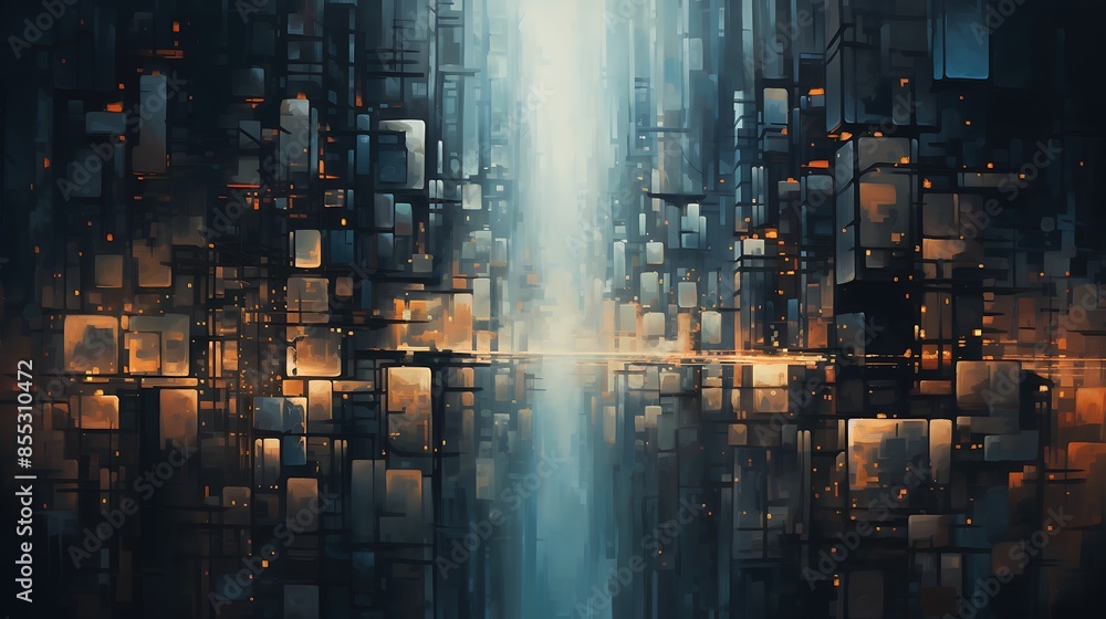 Fototapeta premium The image is a dark and mysterious cityscape. The tall buildings are made of glass and steel, and they are lit up by the bright lights of the city.