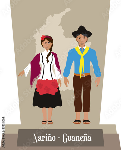Illustration vector isolated of Colombian traditional costumes, colombian dances, Nariño, Guaneña.