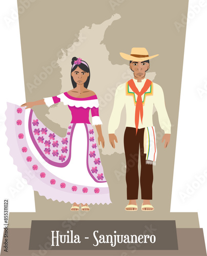 Illustration vector isolated of Colombian traditional costumes, colombian dances, Huila, Sanjuanero.