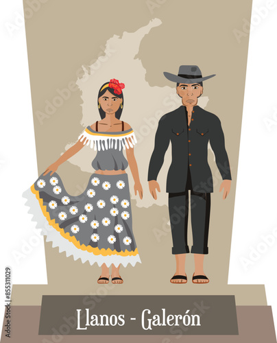 Illustration vector isolated of Colombian traditional costumes, colombian dances, Llanos, Galeron.