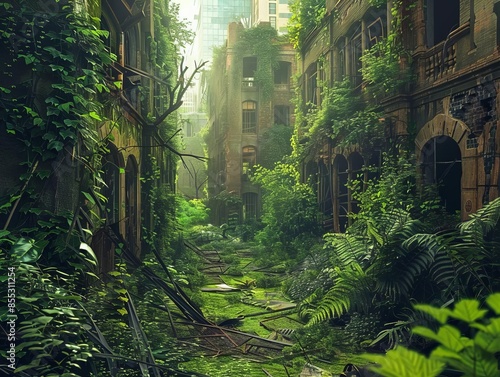 Urban jungle with dense greenery and plants overtaking an abandoned building, merging nature and cityscape photo
