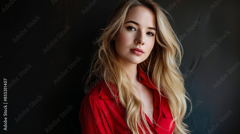 Naklejka premium A beautiful blonde woman in red shirt.