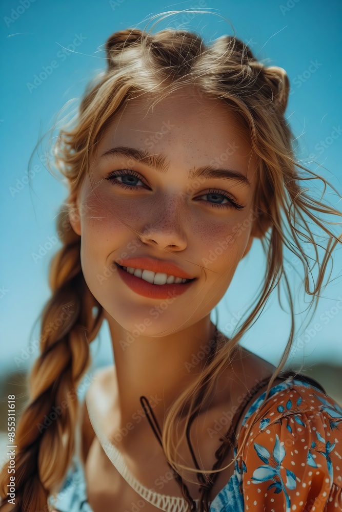 A beautiful blonde woman with braids and blue eyes. A beautiful blonde woman with braids and blue eyes.