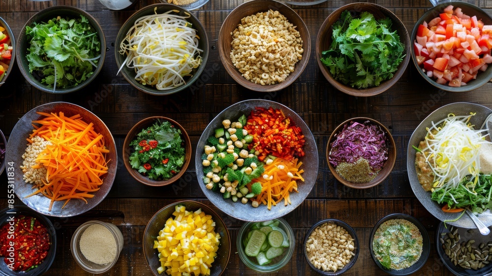 Overhead View of Fresh Ingredients Including Vegetables, Nuts, and Dressings for Healthy Food Preparation Overhead View of Fresh Ingredients Including Vegetables, Nuts, and Dressings for Healthy Food Preparation
