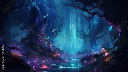 Mystical forest with glowing mushrooms and a river flowing through it. The trees are tall and the branches are twisted and gnarled. © BozStock