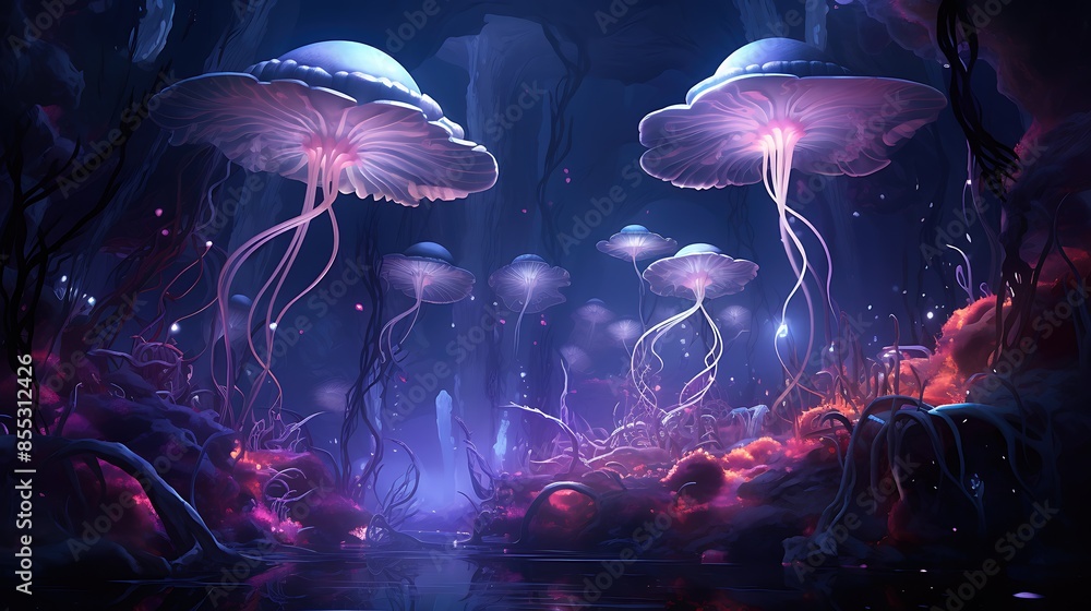 Mystical glowing mushrooms in a dark cave. Bioluminescent organisms ...