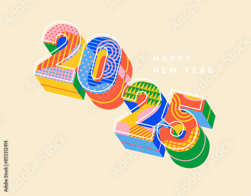 2025 New Year banner with 3d numbers in bauhaus geometric pattern style inside,art design.Template for greeting card,invitation,poster, flyer,web.Vector illustration for calendar and cover.