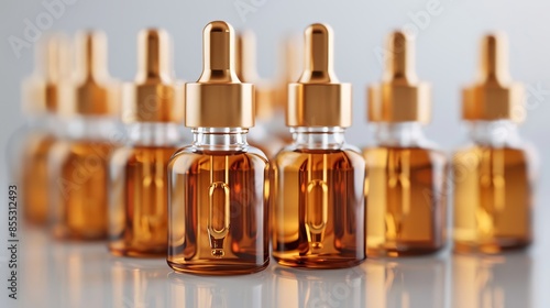 A collection of amber glass skincare ampoules with anti-aging, smoothing, and moisturizing serums, infused with vitamin C or hyaluronic acid. photo