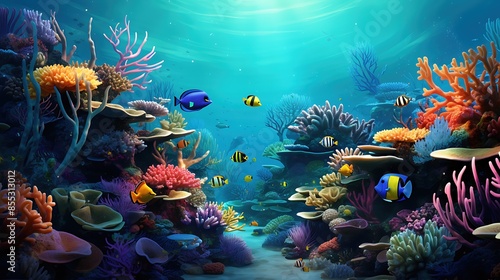 Underwater coral reef with a variety of fish and sea life. Vibrant colors and detailed textures create a realistic and immersive scene.