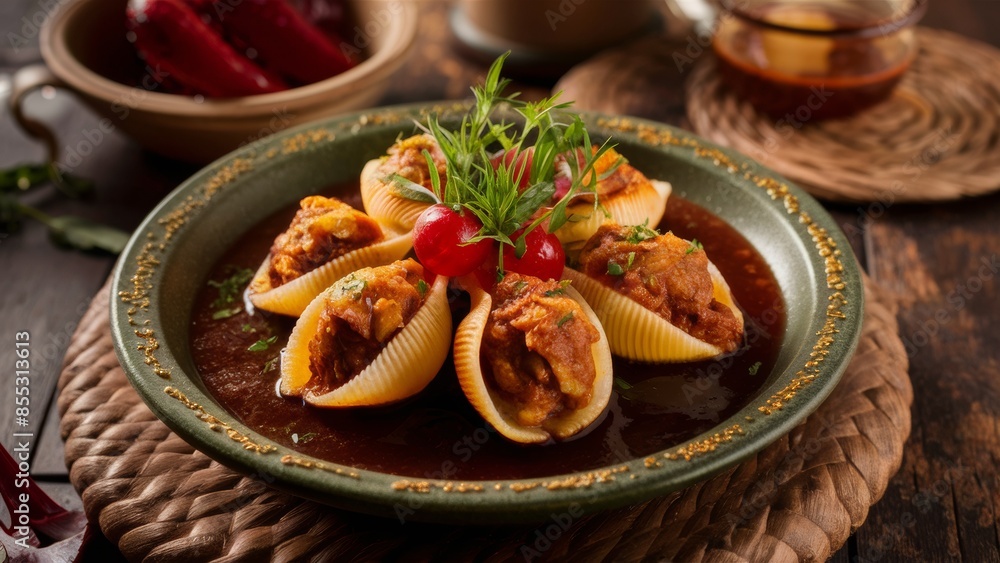 Stuffed pasta shells in the Mexican style. The dish is exquisitely decorated with fresh herbs. Stuffed pasta shells in the Mexican style. The dish is exquisitely decorated with fresh herbs.