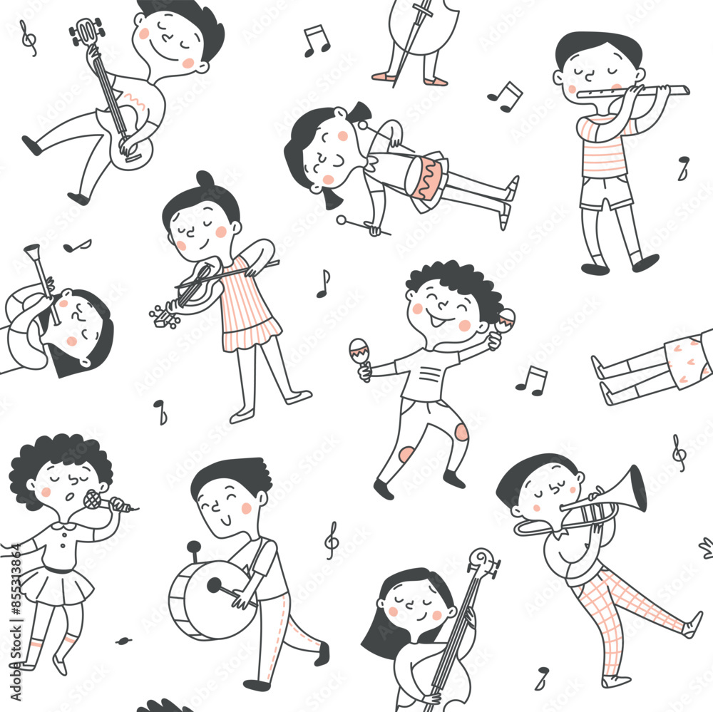 Seamless musical childrens pattern. Boys and girls play musical instruments. Vector doodle illustration Seamless musical childrens pattern. Boys and girls play musical instruments. Vector doodle illustration