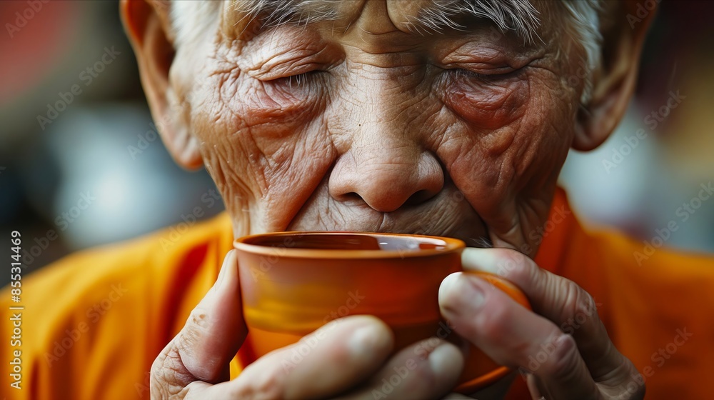 An old man drinking from a cup. An old man drinking from a cup.