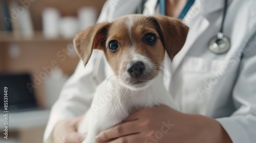 Small animal veterinarian examining a dog close up, focus on pet healthcare vet clinic