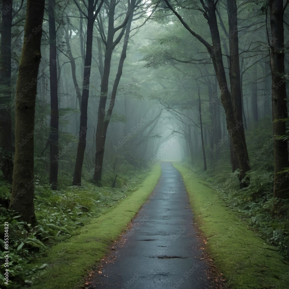 Fototapeta premium a mysterious, fog-shrouded forest path. Tall, ancient trees line the road, their branches forming a verdant canopy overhead.
