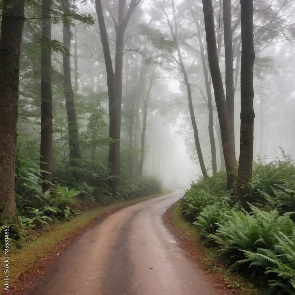 Fototapeta premium a mysterious, fog-shrouded forest path. Tall, ancient trees line the road, their branches forming a verdant canopy overhead.