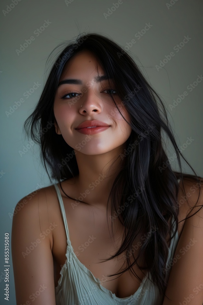 A woman with long black hair smiling. A woman with long black hair smiling.