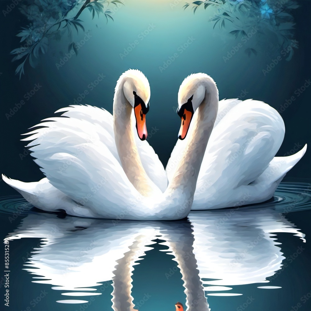 Obraz premium a pair of elegant swans gracefully swimming on a calm body of water. Their long, graceful necks are curved into a heart shape, creating a romantic and harmonious pose. 