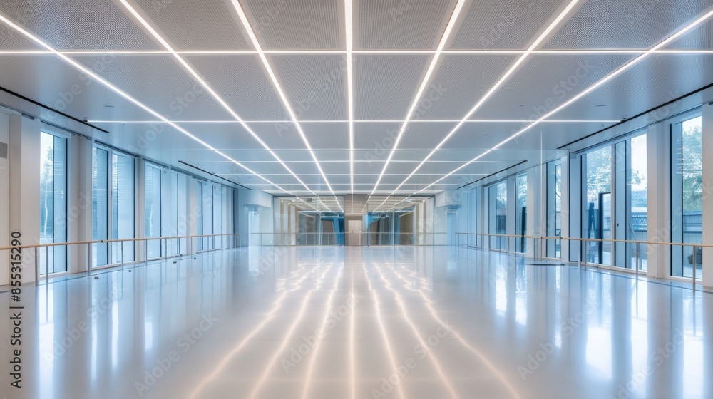 This is a wide shot of an office hallway with a grid ceiling and large windows. This is a wide shot of an office hallway with a grid ceiling and large windows.